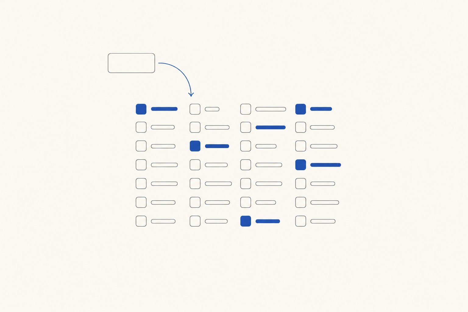 Schema der eingesammelten Gestaltungswerte: ein Raster aus Farbflächen und Abstandsbalken, in das ein Pfeil von einer Website hineinführt