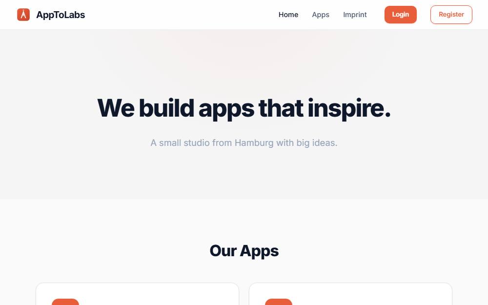 Screenshot der Startseite von AppToLabs, App-Studio