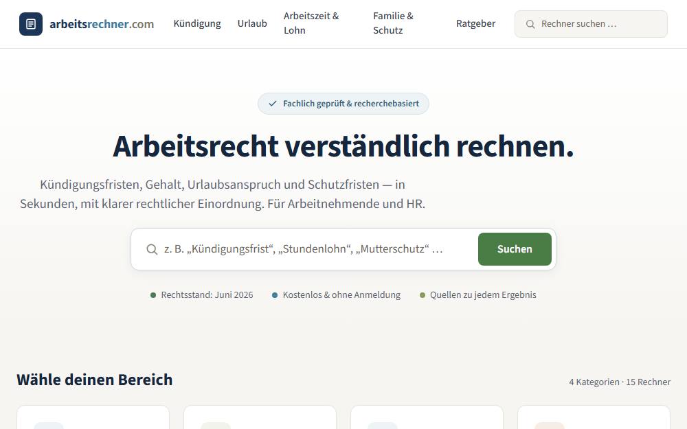Screenshot der Startseite von arbeitsrechner, Rechner-Tool