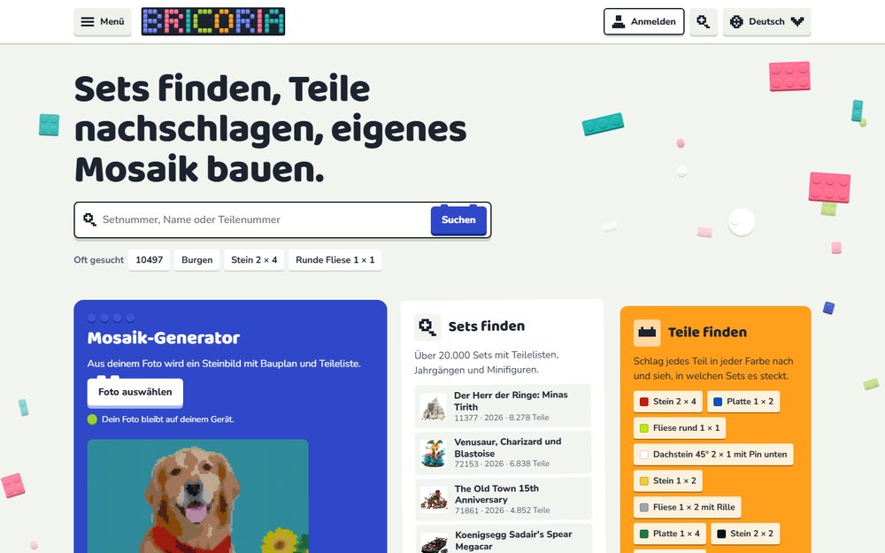 Screenshot der Startseite von Bricoria, Web-App