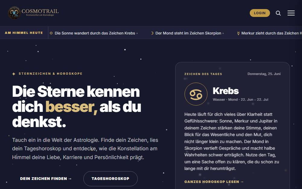 Screenshot der Startseite von cosmotrail, Magazin