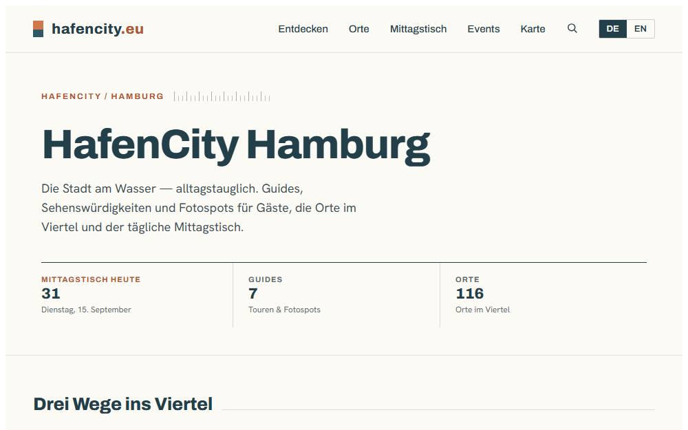 Screenshot der Startseite von hafencity.eu, Stadtportal