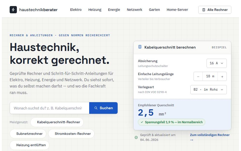 Screenshot der Startseite von haustechnikberater, Rechner-Tool