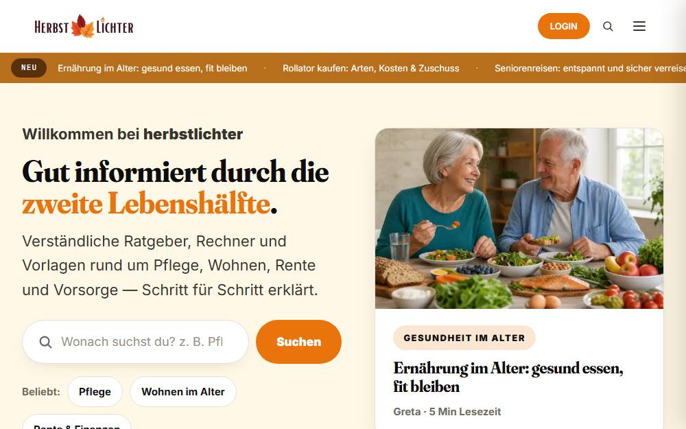 Screenshot der Startseite von herbstlichter, Ratgeber-Portal