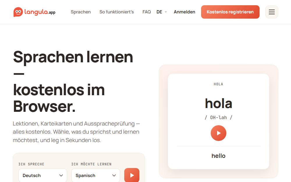 Screenshot der Startseite von Langula, Lernplattform