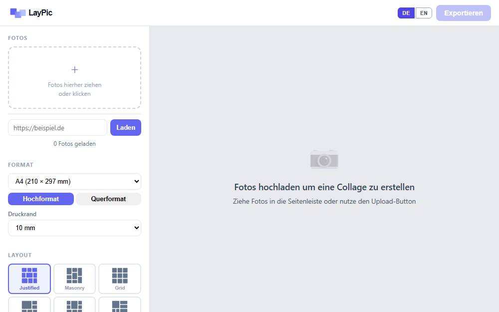 Screenshot der Startseite von LayPic, Web-App