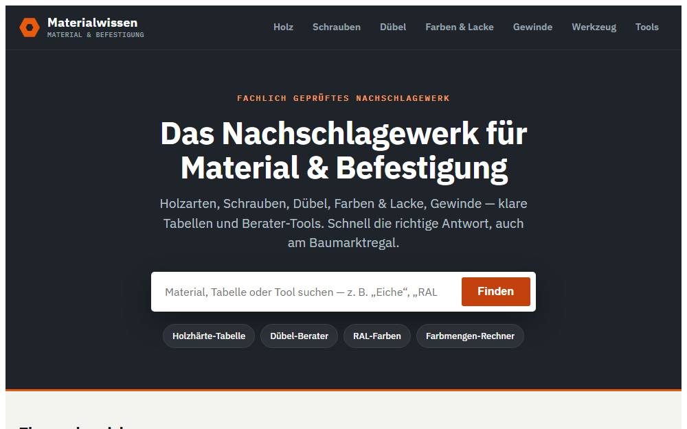 Screenshot der Startseite von materialwissen, Nachschlagewerk