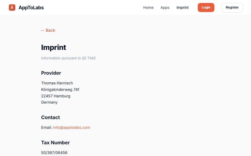 Screenshot apptolabs.com/imprint.html