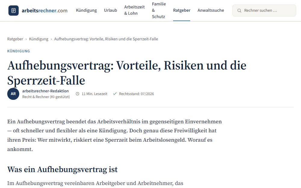 Screenshot arbeitsrechner.com/ratgeber/aufhebungsvertrag