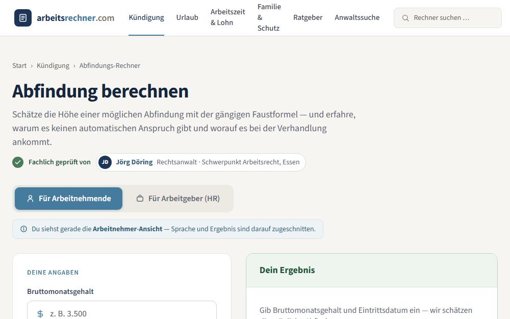 Screenshot arbeitsrechner.com/abfindung-rechner