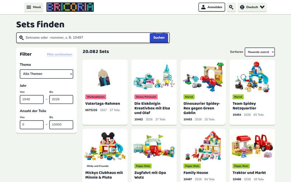 Screenshot bricoria.app/de/sets am Desktop