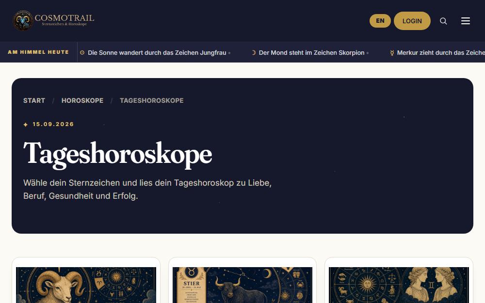 Screenshot cosmotrail.com/horoskope/tageshoroskope am Desktop