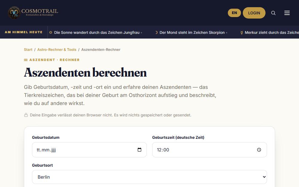 Screenshot cosmotrail.com/tools/aszendent-berechnen