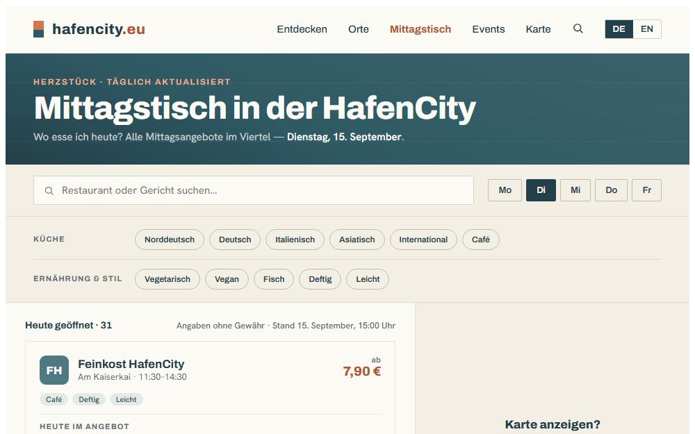 Screenshot hafencity.eu/mittagstisch am Desktop