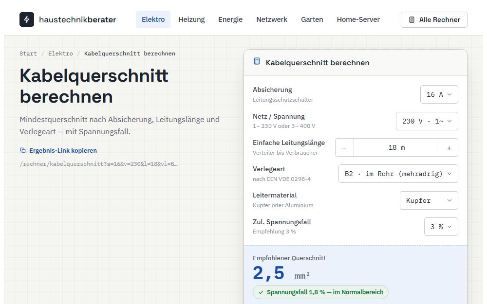 Screenshot haustechnikberater.com/rechner/kabelquerschnitt am Desktop