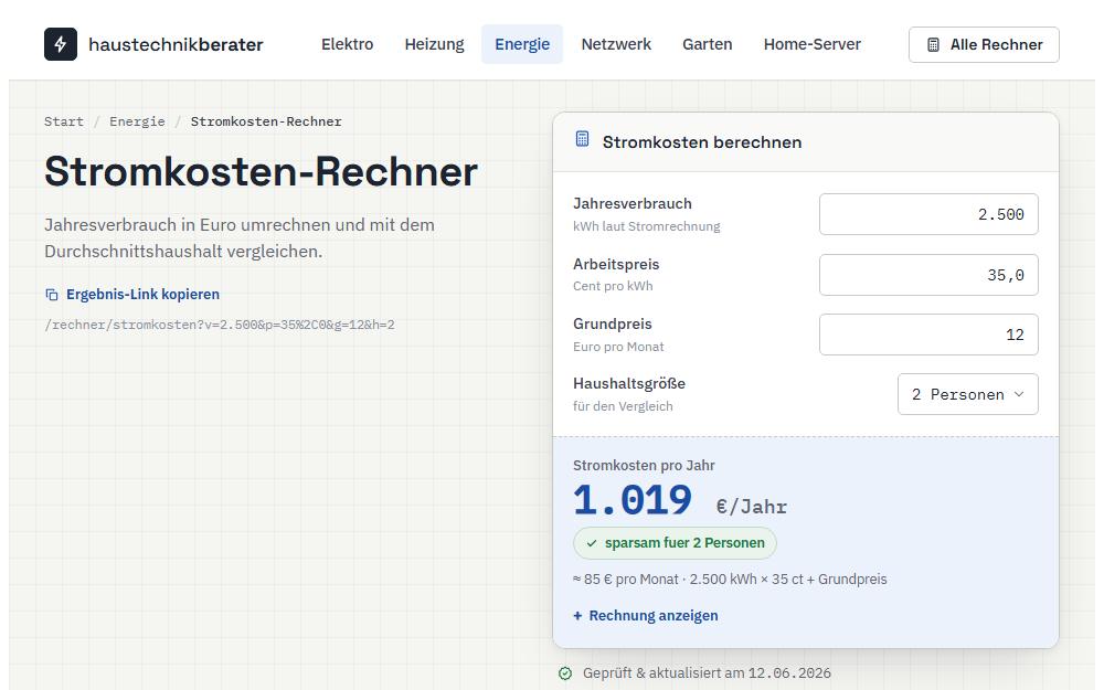 Screenshot haustechnikberater.com/rechner/stromkosten