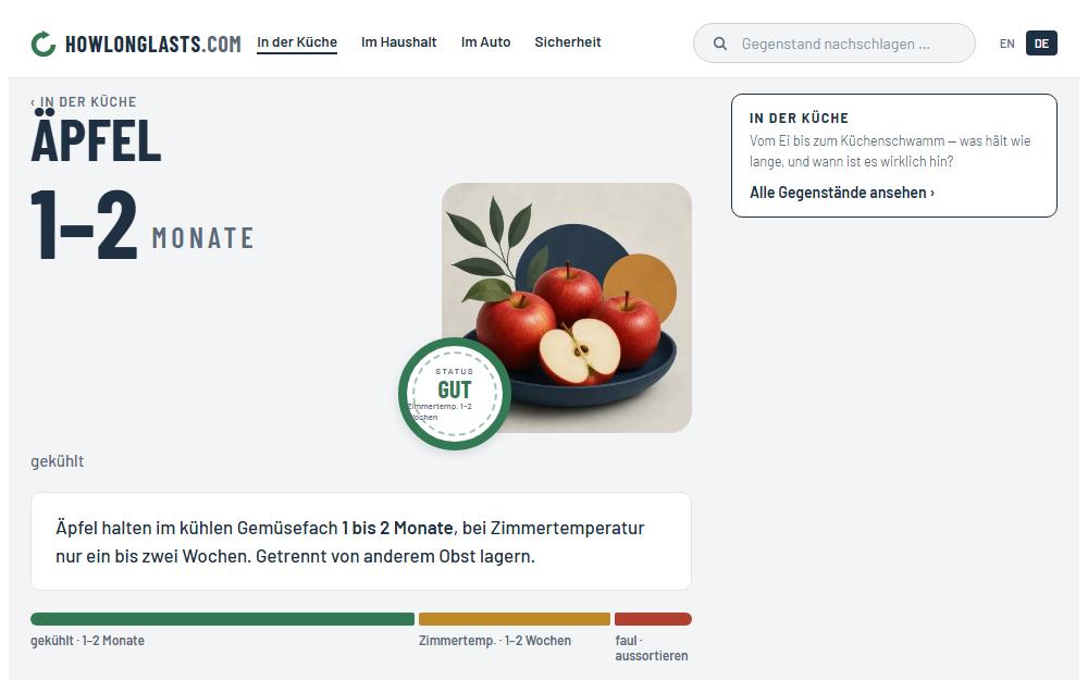 Screenshot howlonglasts.com/de/wie-lange-sind-aepfel-haltbar am Desktop