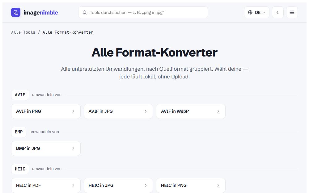 Screenshot imagenimble.com/de/konvertieren am Desktop