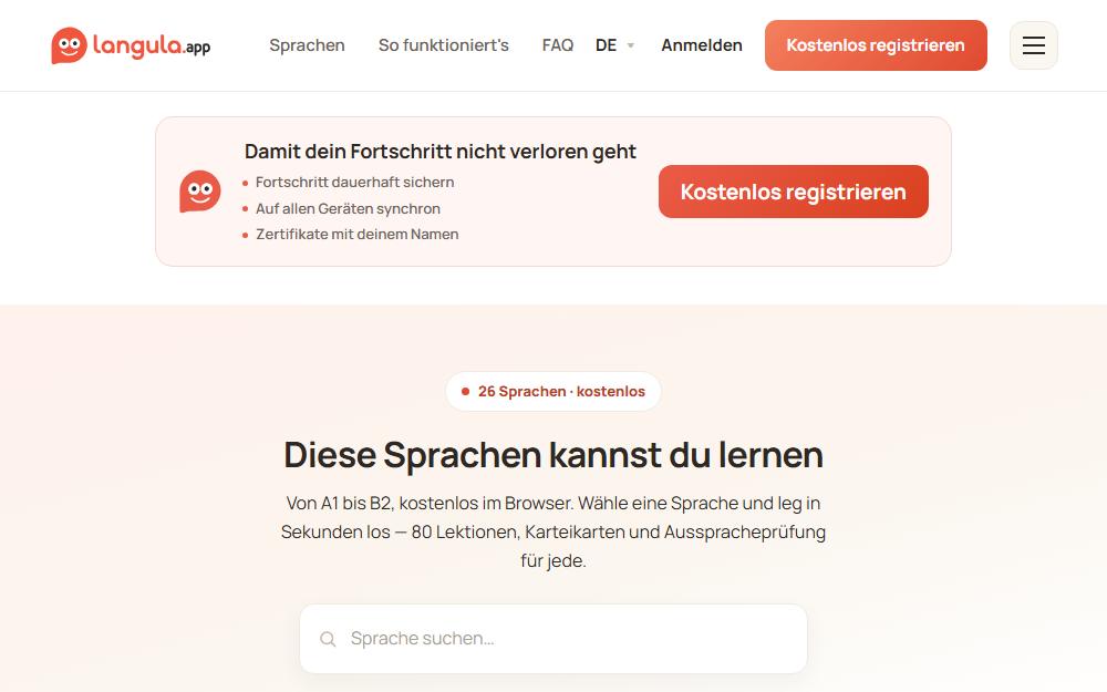 Screenshot langula.app/de/sprachen/