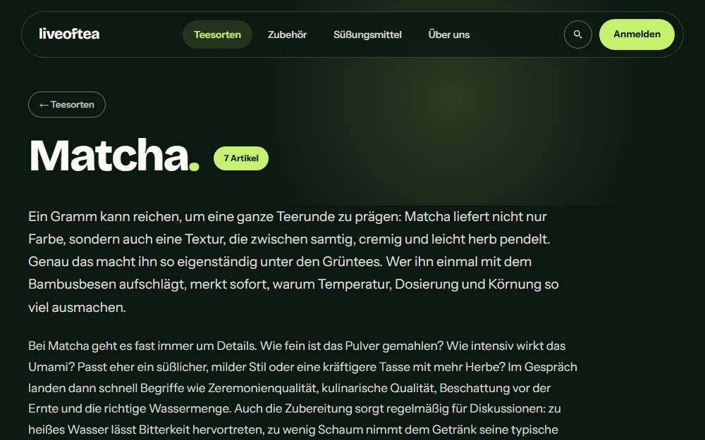 Screenshot liveoftea.com/teesorten/gruener-tee/matcha am Desktop