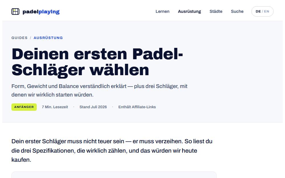 Screenshot padelplaying.com/de/padel-schlaeger-anfaenger