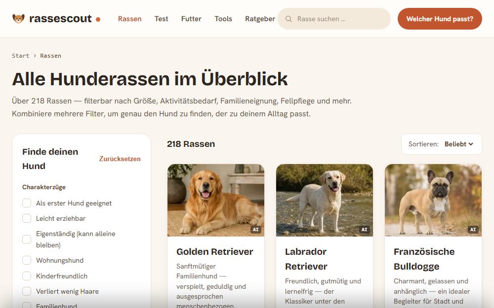 Screenshot rassescout.de/hunderassen