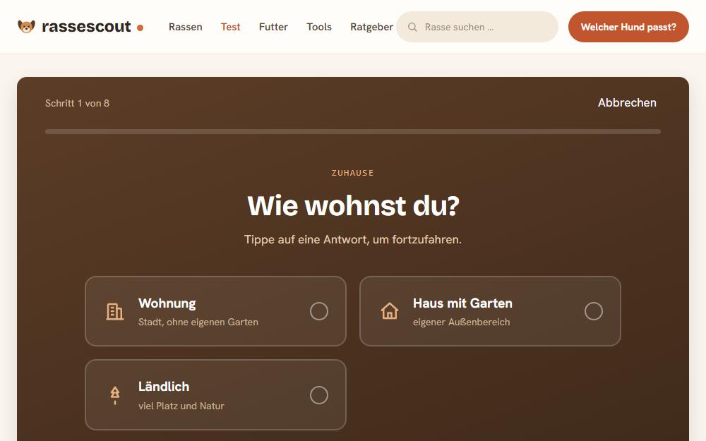 Screenshot rassescout.de/welcher-hund-passt-zu-mir am Desktop