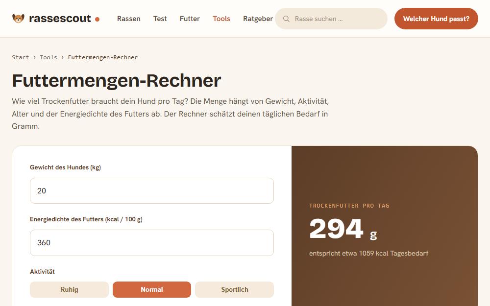 Screenshot rassescout.de/futtermenge-rechner