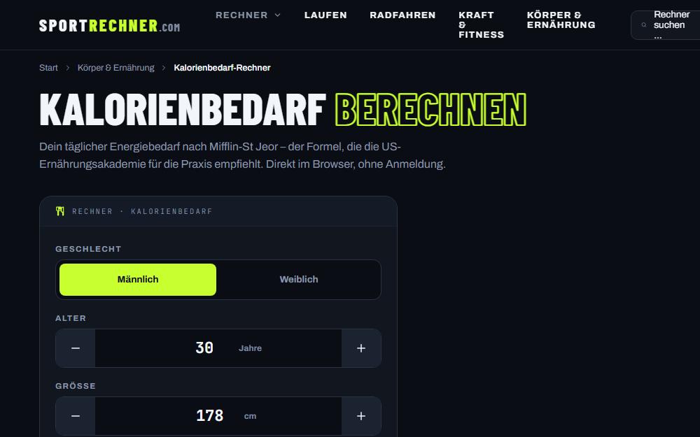 Screenshot sportrechner.com/kalorienbedarf-rechner am Desktop