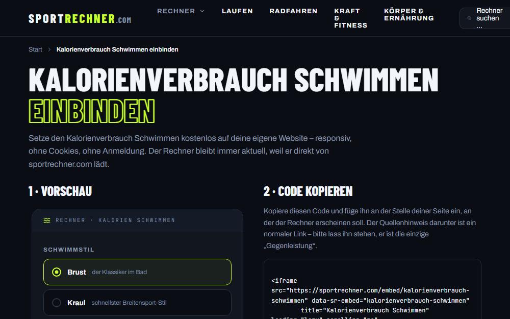 Screenshot sportrechner.com/einbinden/kalorienverbrauch-schwimmen