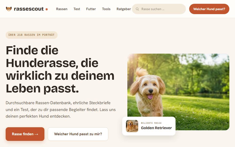 Screenshot der Startseite von rassescout, Ratgeber-Portal