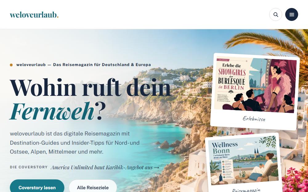 Screenshot der Startseite von weloveurlaub, Reiseportal