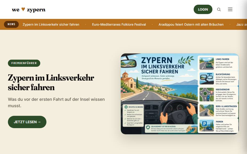 Screenshot der Startseite von welovezypern, Reiseportal